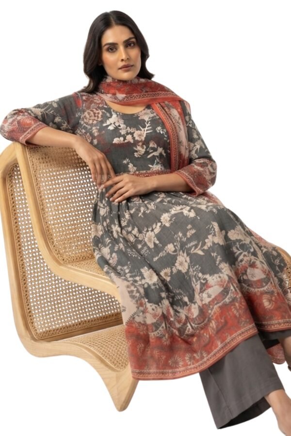 Women's Grey & Rust Floral Printed Anarkali Kurta Set