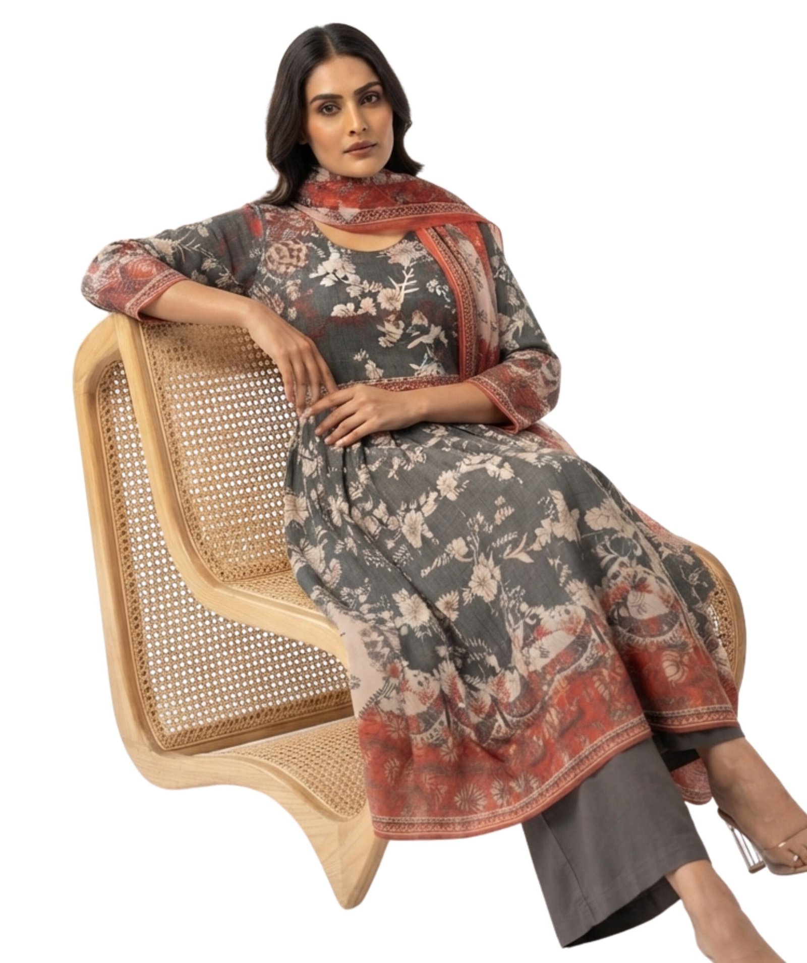Women's Grey & Rust Floral Printed Anarkali Kurta Set - Image 2
