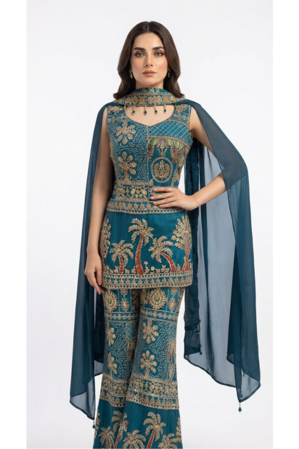 Embroidered Teal Cape Co-ord Set