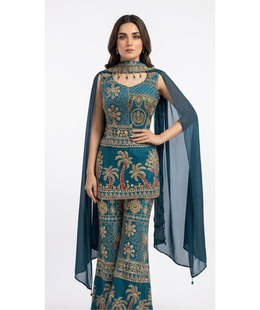 Embroidered Teal Cape Co-ord Set