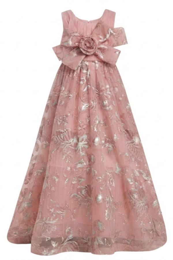 Girls Dusty Pink Floral Pattern Party Wear Sleeveless Round Neck Maxi Dress
