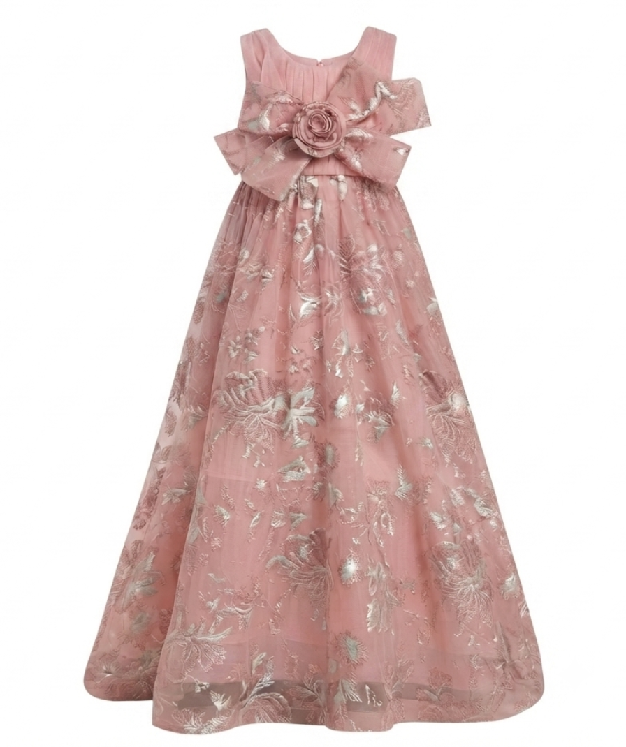 Girls Dusty Pink Floral Pattern Party Wear Sleeveless Round Neck Maxi Dress - Image 2