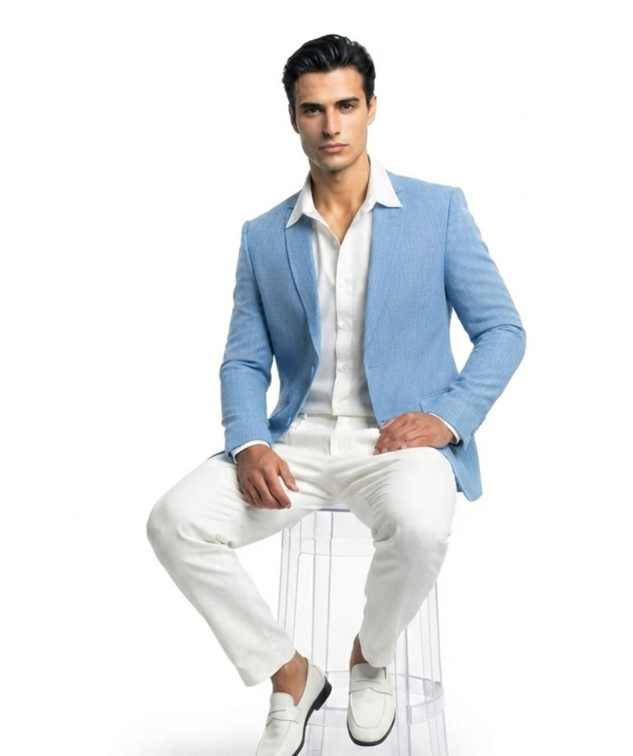 Men's Sky Blue Solid Formal Blazer with Full Sleeves and Notch Lapel - Image 3