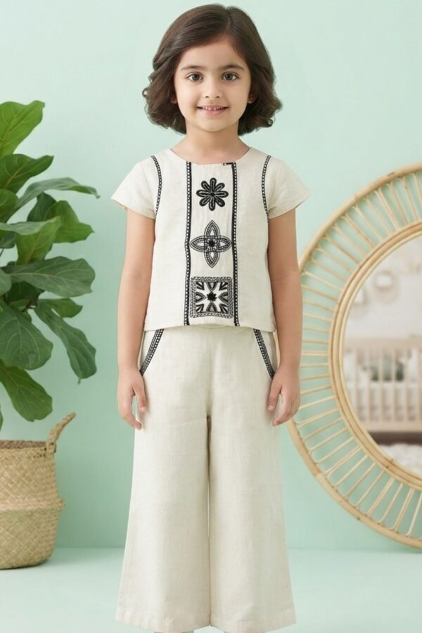 Girls Off-White Embroidered Co-Ord Set
