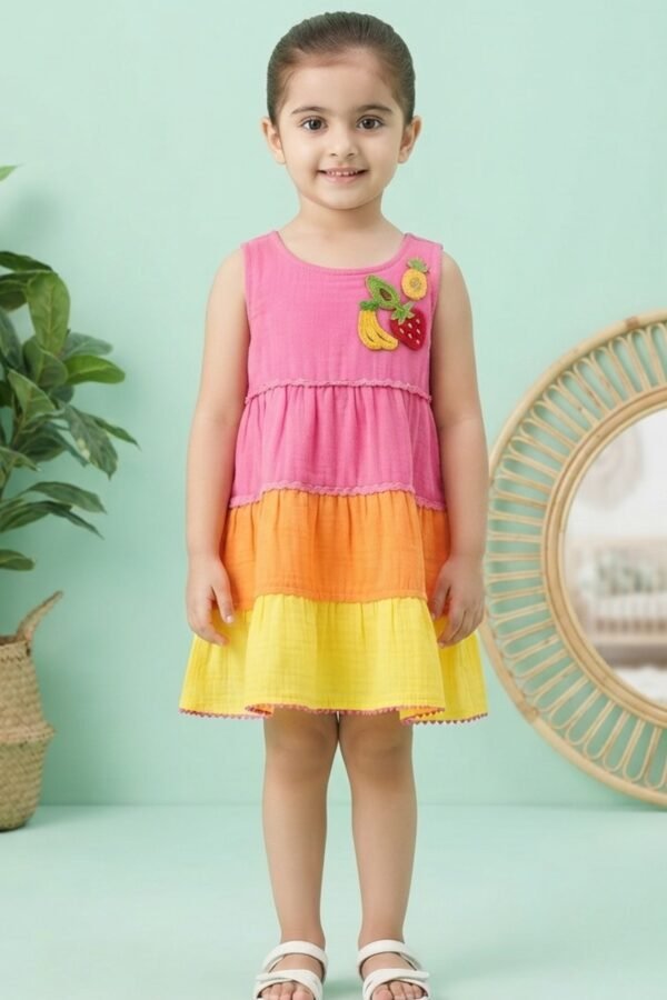 Girls Pink, Orange & Yellow Color Block Tiered Dress