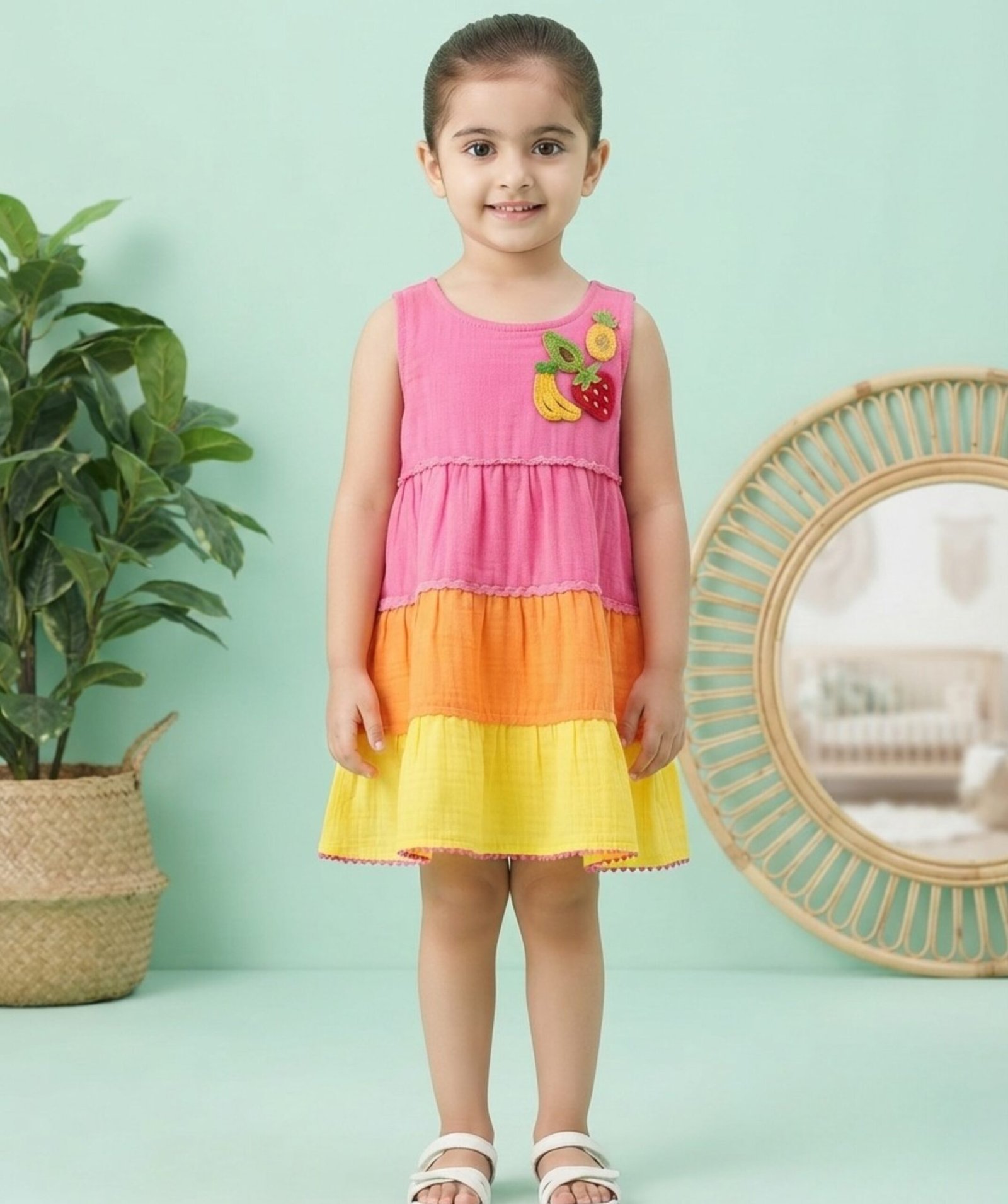Girls Pink, Orange & Yellow Color Block Tiered Dress