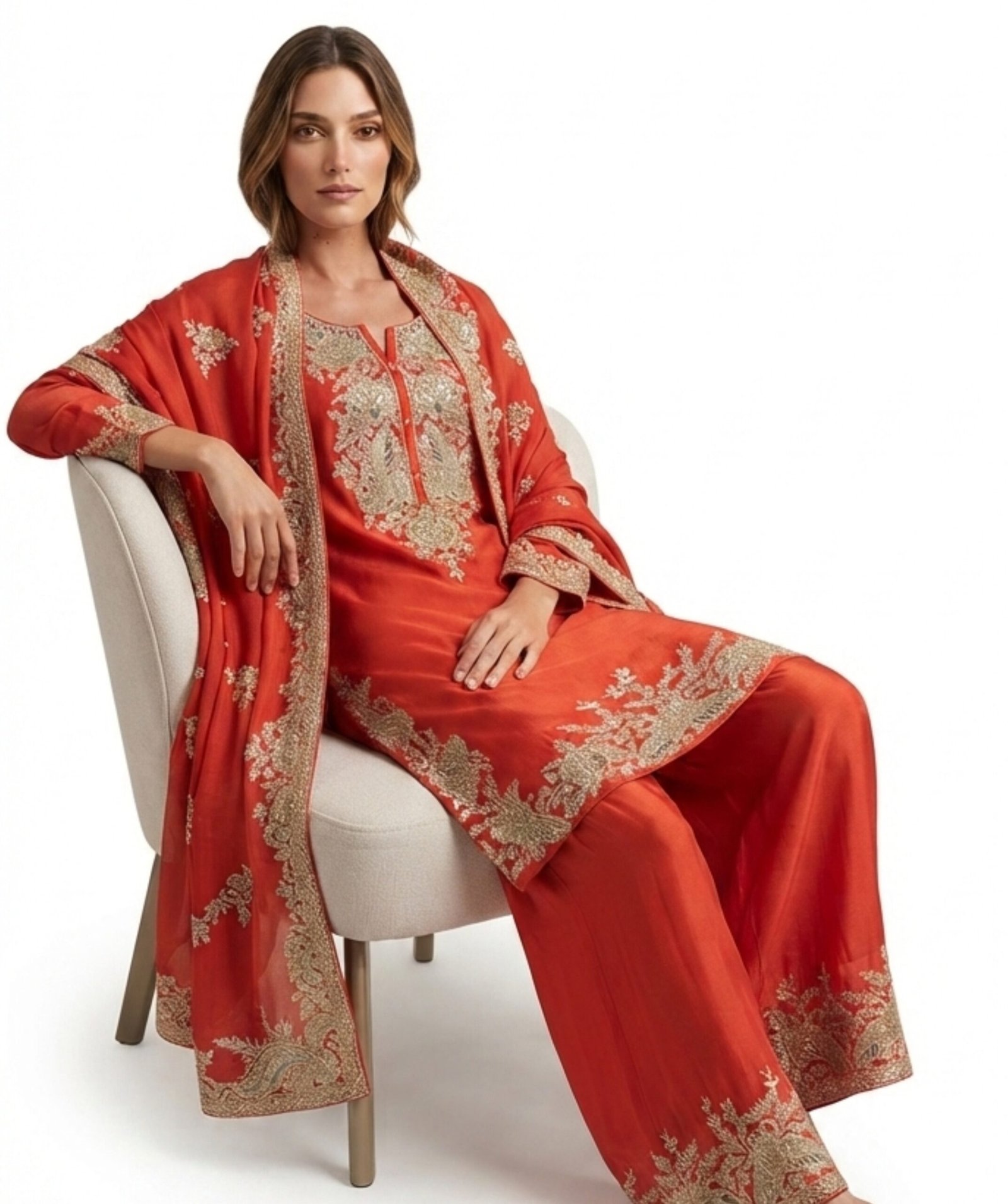 Women's Rust Embroidered Kurta & Wide-Leg Palazzo Set - Image 3