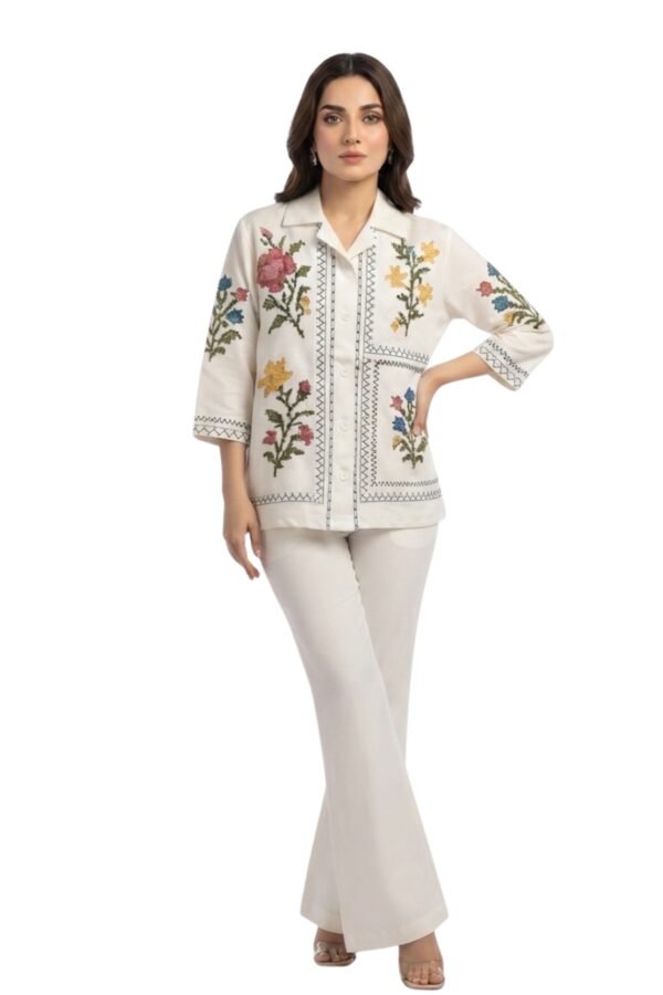 Women's Off-White Floral Embroidered Co-Ord Set
