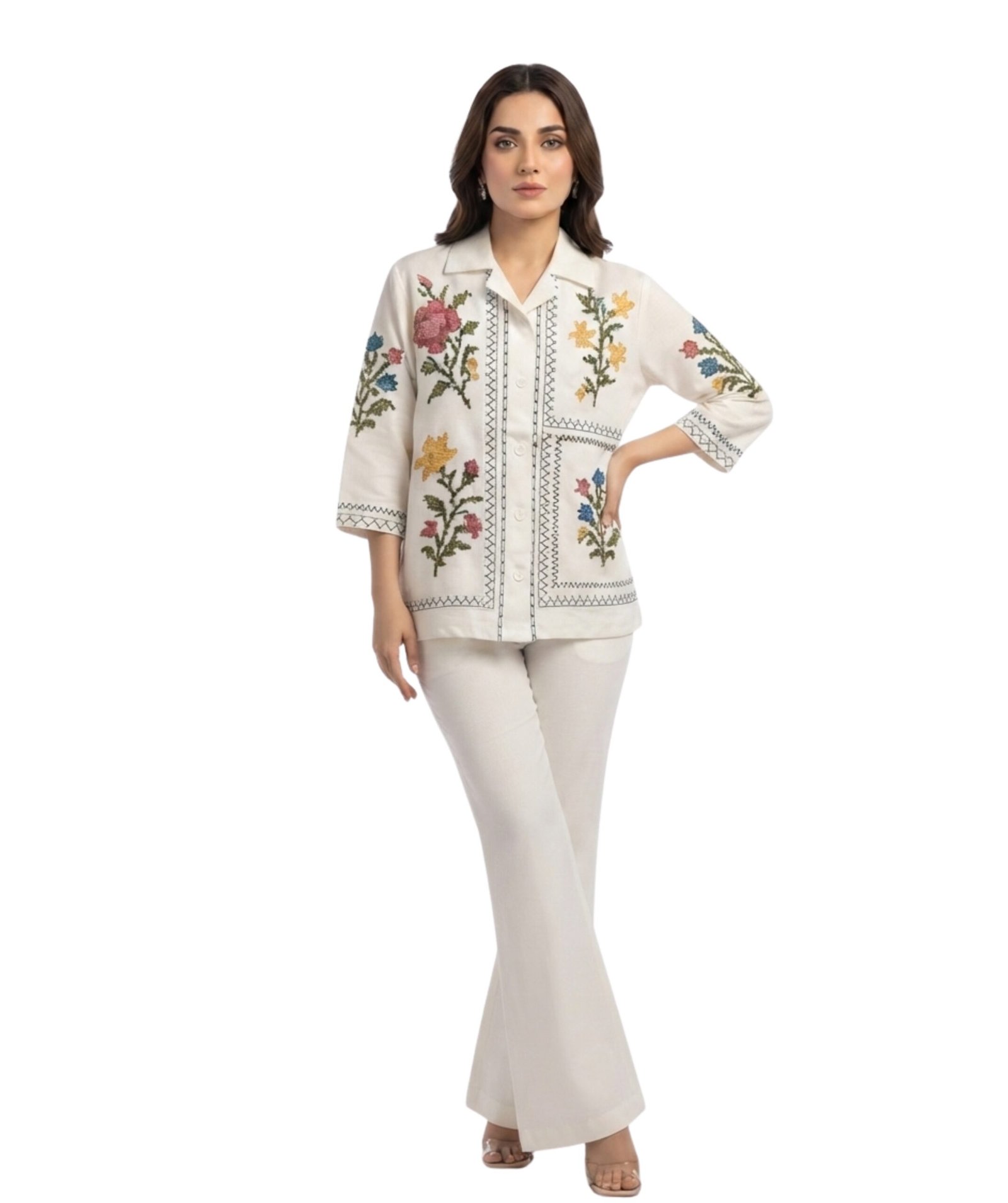 Women's Off-White Floral Embroidered Co-Ord Set