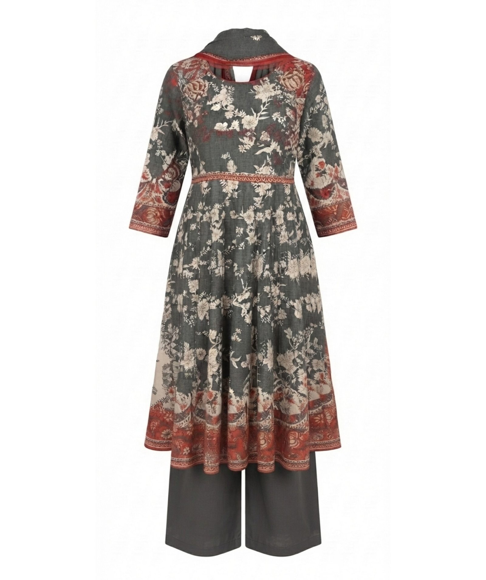 Women's Grey & Rust Floral Printed Anarkali Kurta Set - Image 3