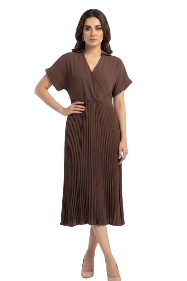 Women's Solid Brown Pleated Midi Dress with Short Sleeves