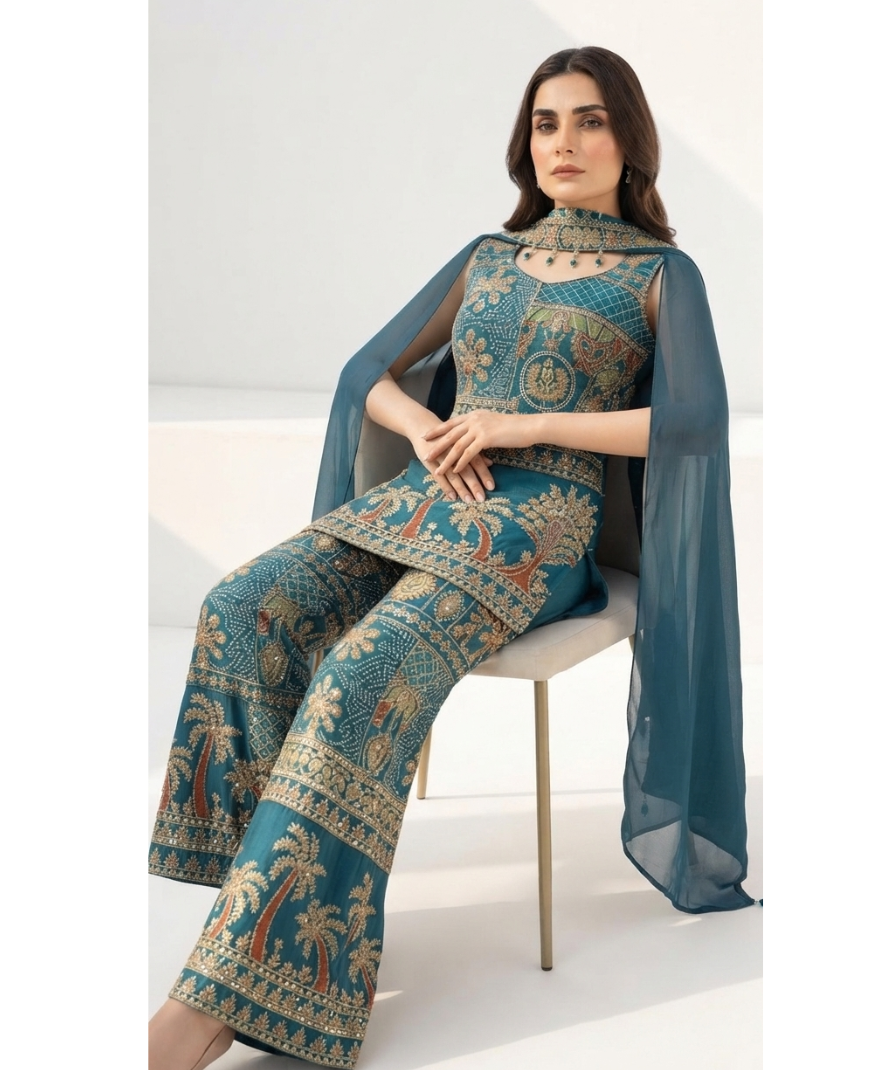 Embroidered Teal Cape Co-ord Set - Image 3