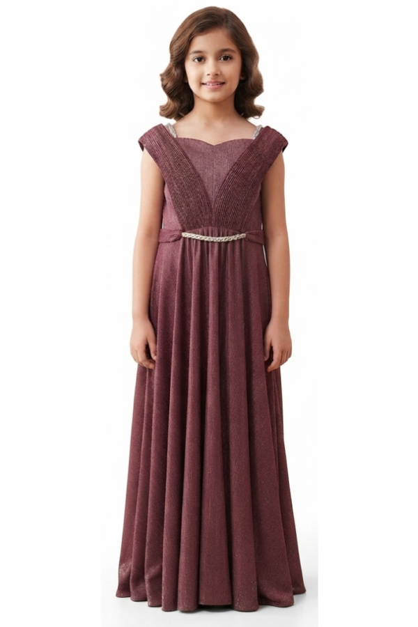 Girls Maroon Solid Party Wear Cap Sleeve Sweetheart Neck Maxi Dress
