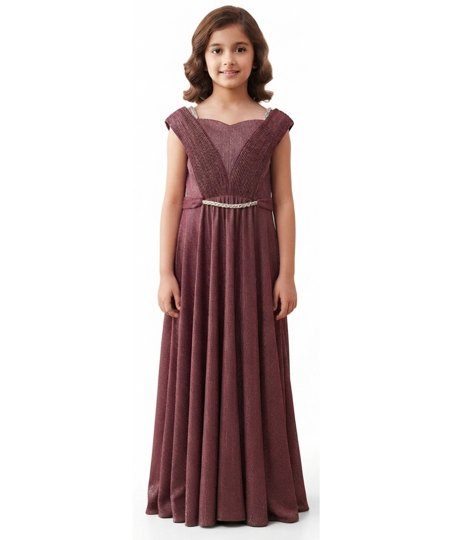 Girls Maroon Solid Party Wear Cap Sleeve Sweetheart Neck Maxi Dress