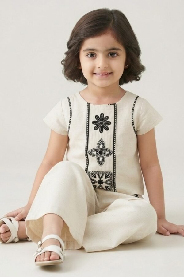 Girls Off-White Embroidered Co-Ord Set