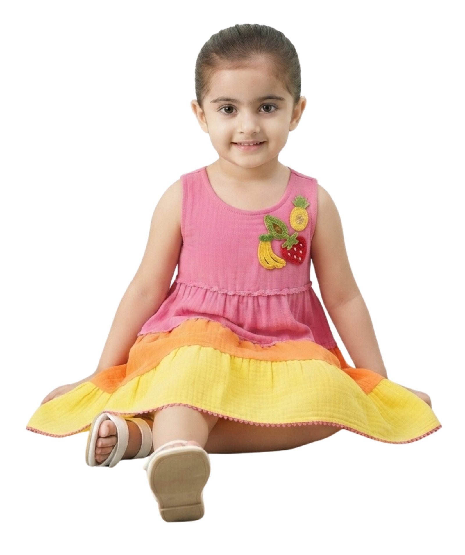 Girls Pink, Orange & Yellow Color Block Tiered Dress - Image 5