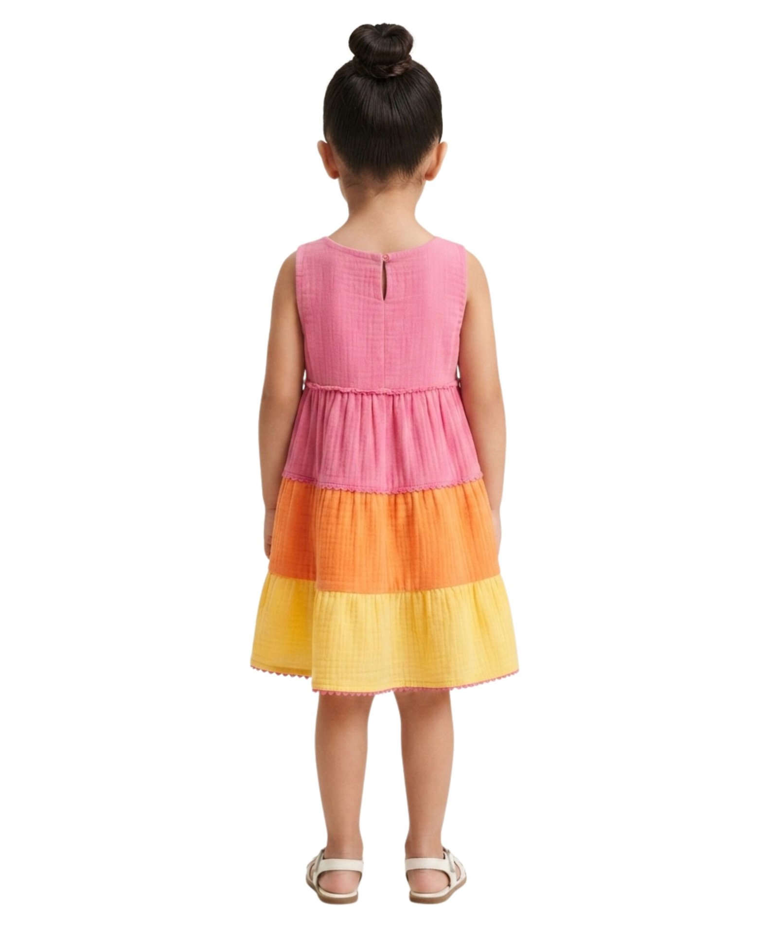 Girls Pink, Orange & Yellow Color Block Tiered Dress - Image 3