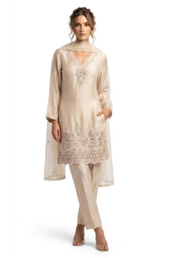 Women's Beige Embroidered Kurta Set
