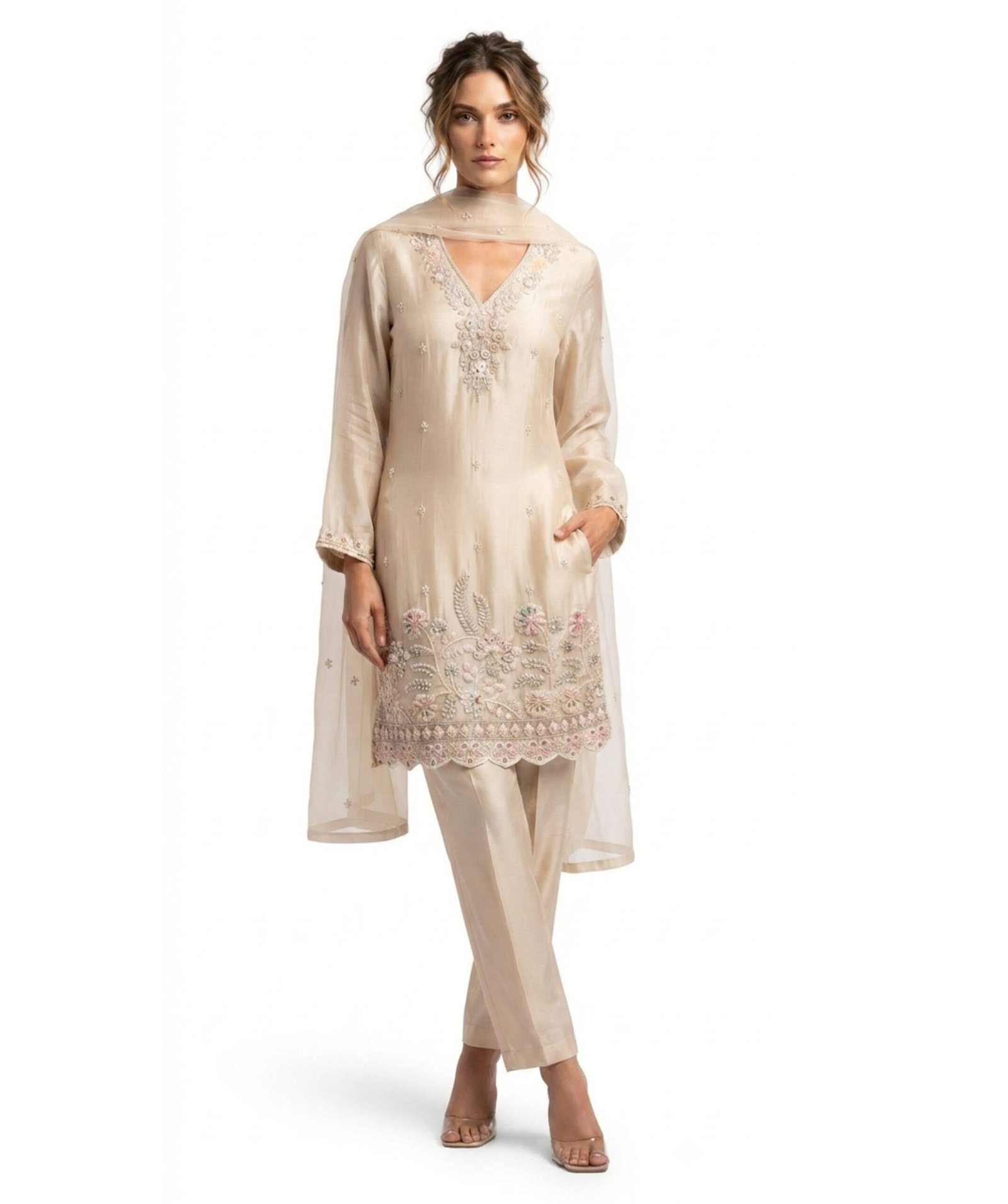 Women's Beige Embroidered Kurta Set