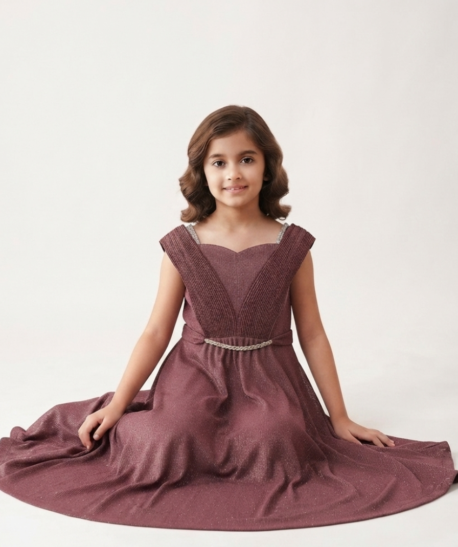 Girls Maroon Solid Party Wear Cap Sleeve Sweetheart Neck Maxi Dress - Image 4