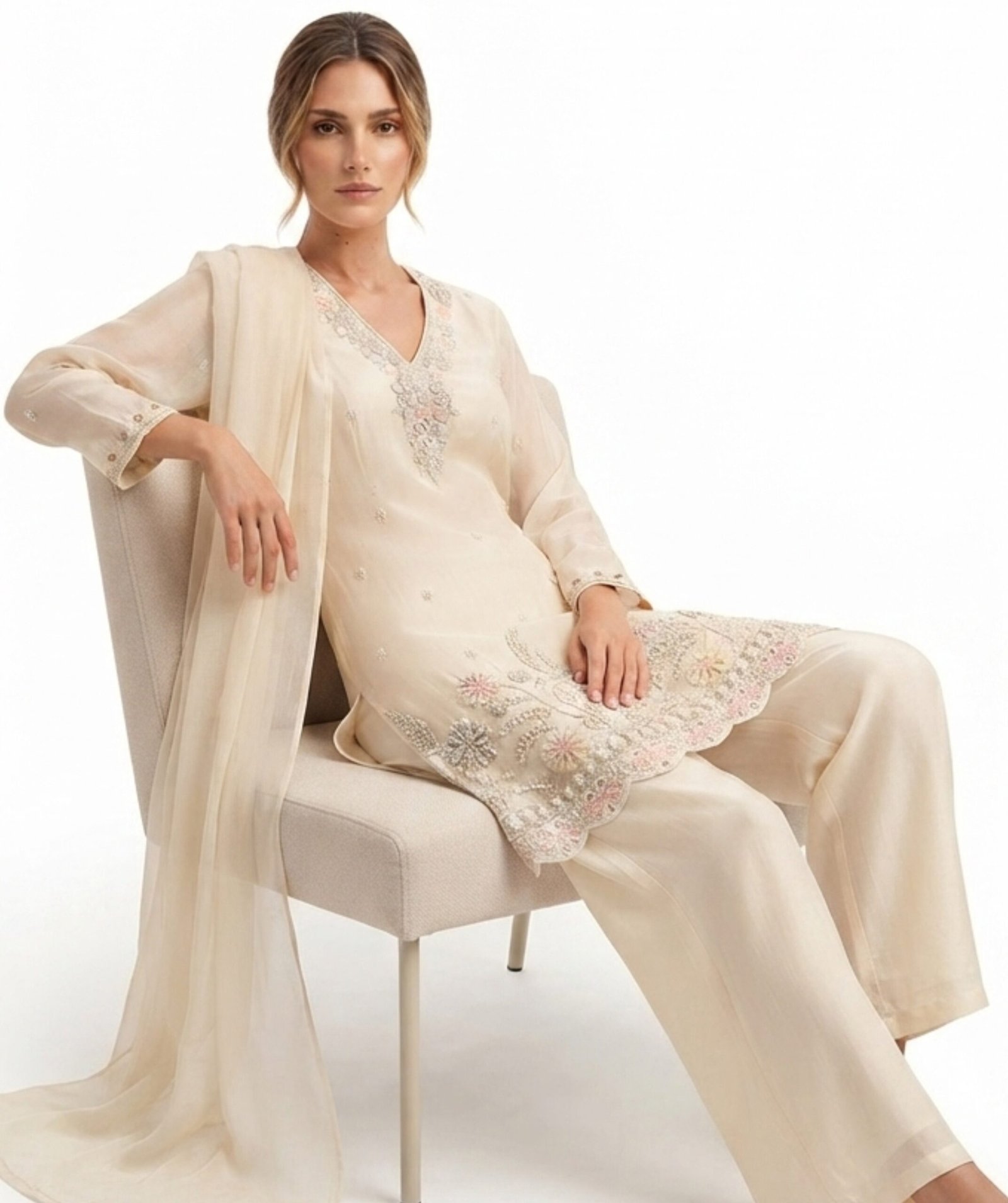 Women's Beige Embroidered Kurta Set - Image 3