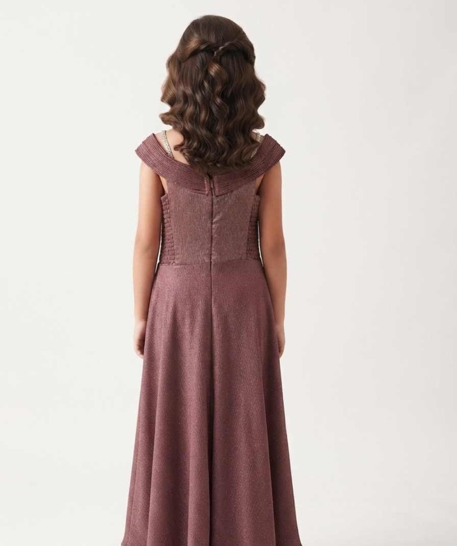 Girls Maroon Solid Party Wear Cap Sleeve Sweetheart Neck Maxi Dress - Image 5