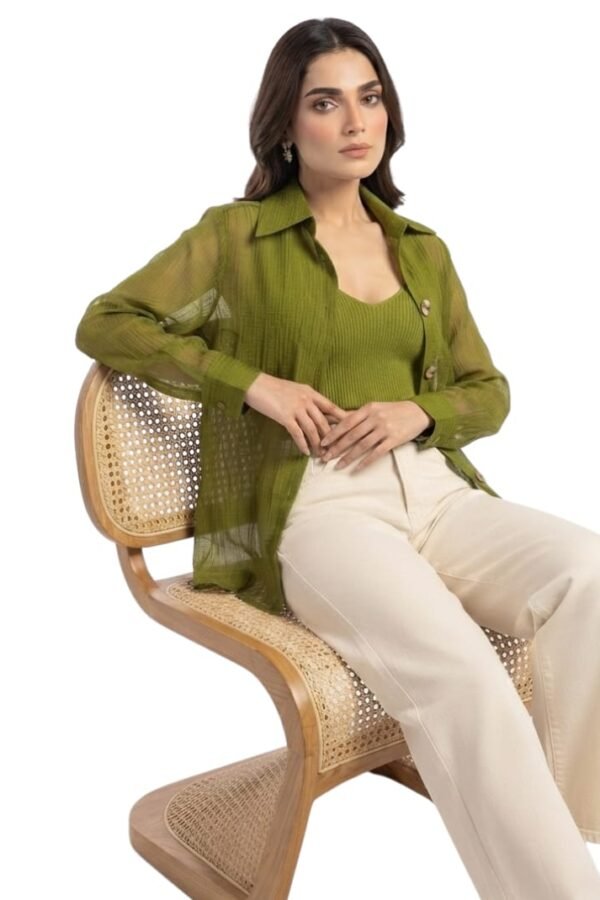 Women's Olive Green Sheer Overshirt with Shirt Collar and Full Sleeves