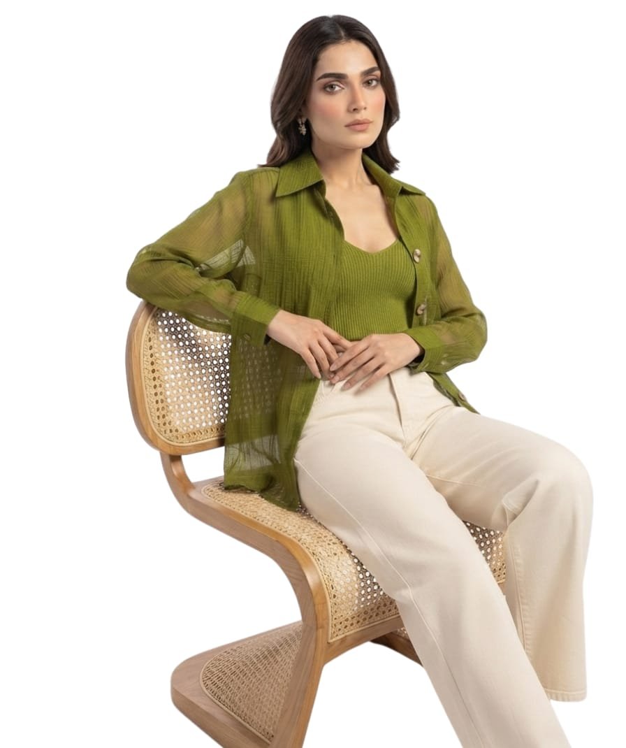 Women's Olive Green Sheer Overshirt with Shirt Collar and Full Sleeves - Image 2