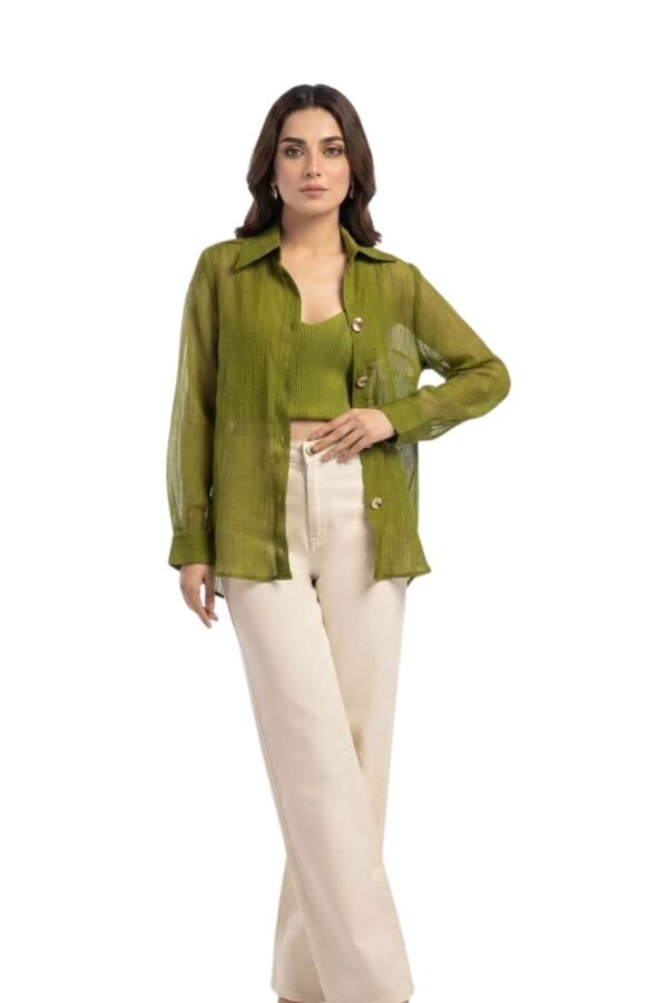 Women's Olive Green Sheer Overshirt with Shirt Collar and Full Sleeves
