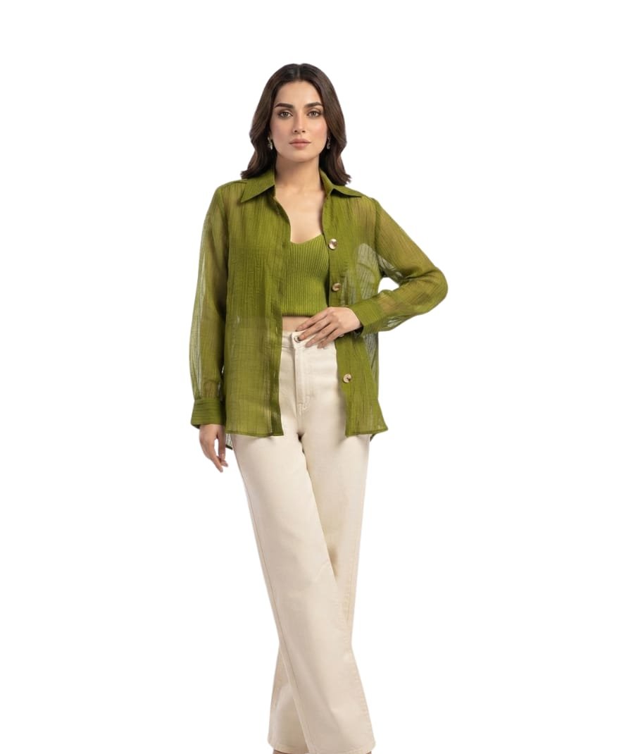 Women's Olive Green Sheer Overshirt with Shirt Collar and Full Sleeves