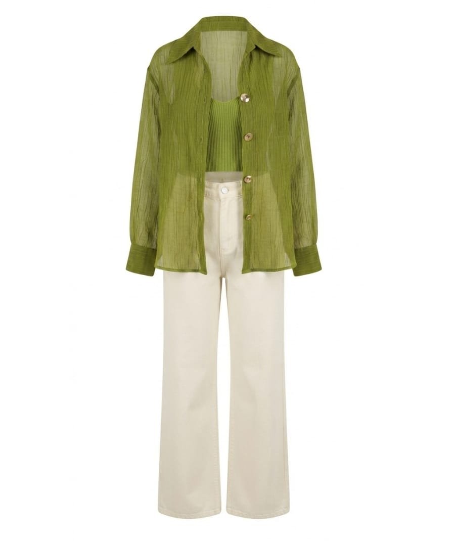 Women's Olive Green Sheer Overshirt with Shirt Collar and Full Sleeves - Image 3