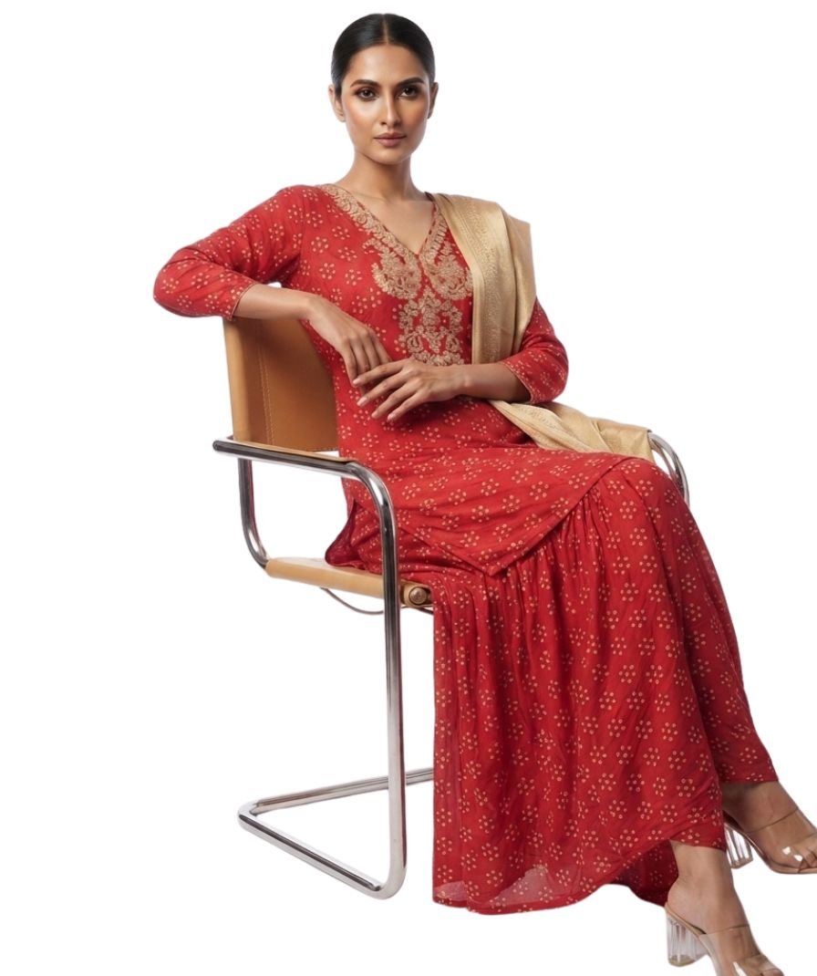Women's Red Printed Kurta Sharara Set with Dupatta and Three-Quarter Sleeves - Image 3