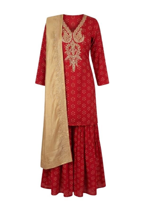 Women's Red Printed Kurta Sharara Set with Dupatta and Three-Quarter Sleeves