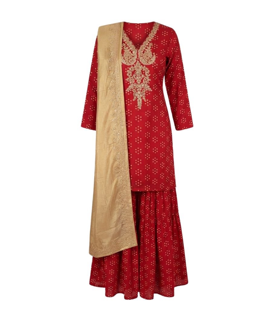 Women's Red Printed Kurta Sharara Set with Dupatta and Three-Quarter Sleeves - Image 2