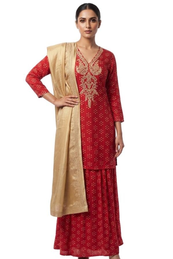 Women's Red Printed Kurta Sharara Set with Dupatta and Three-Quarter Sleeves