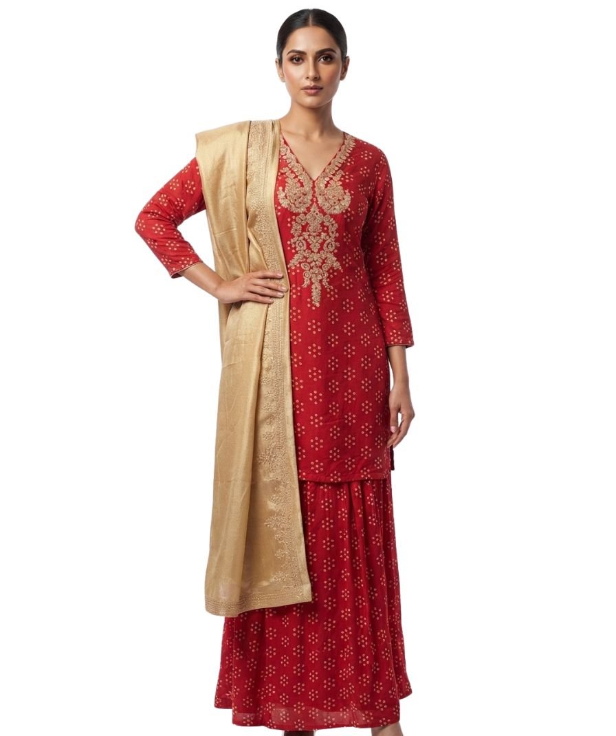 Women's Red Printed Kurta Sharara Set with Dupatta and Three-Quarter Sleeves