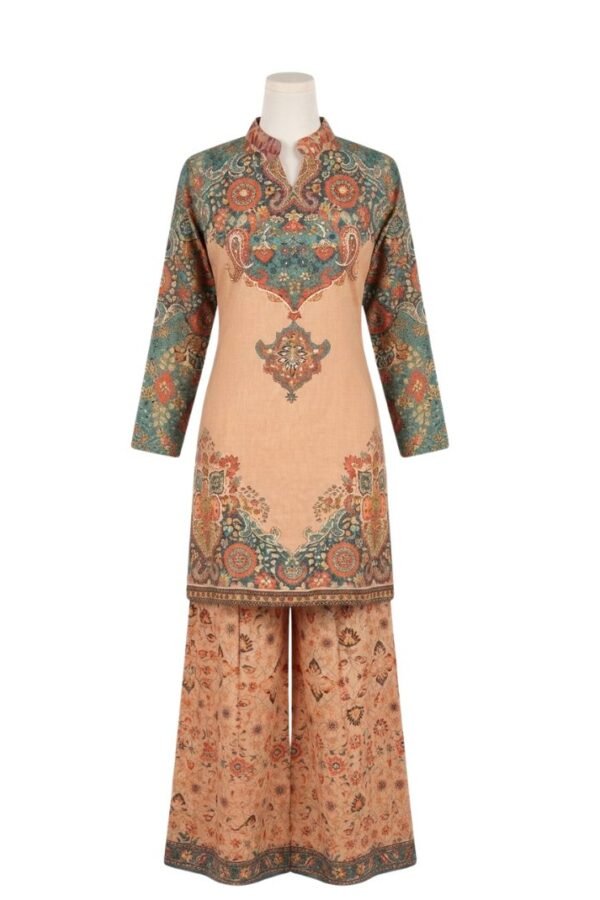 Women's Peach & Sage Green Printed Kurta Pant Set with Mandarin Collar and Full Sleeves