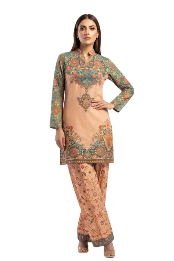Women's Peach & Sage Green Printed Kurta Pant Set with Mandarin Collar and Full Sleeves