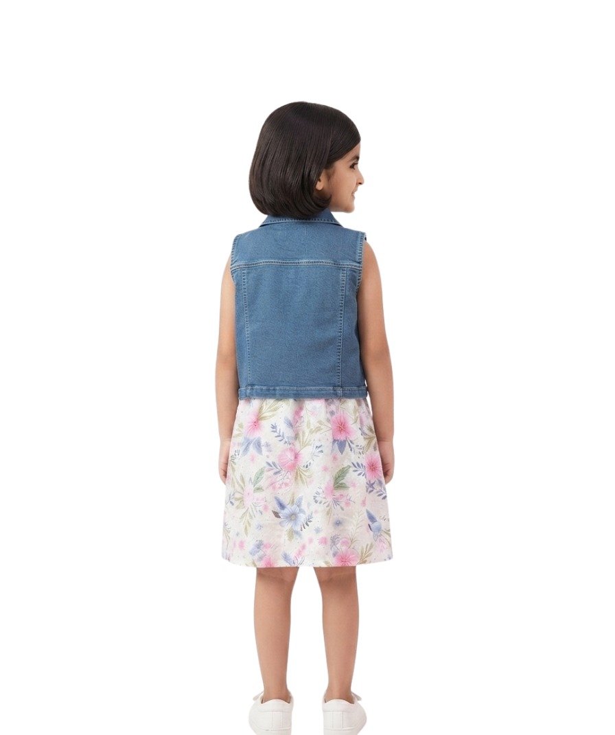 Girls White Floral Sleeveless Dress with Blue Denim Collared Vest - Image 4