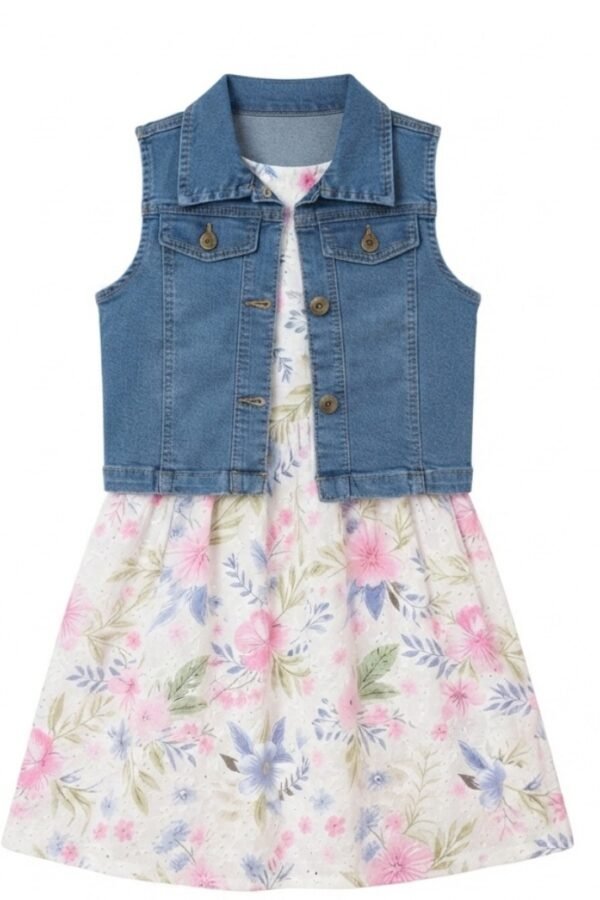 Girls White Floral Sleeveless Dress with Blue Denim Collared Vest