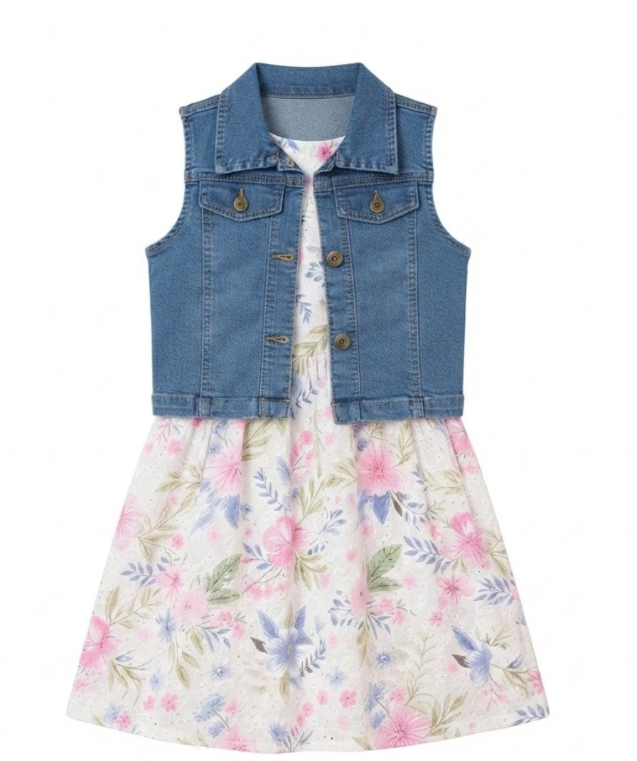 Girls White Floral Sleeveless Dress with Blue Denim Collared Vest - Image 2