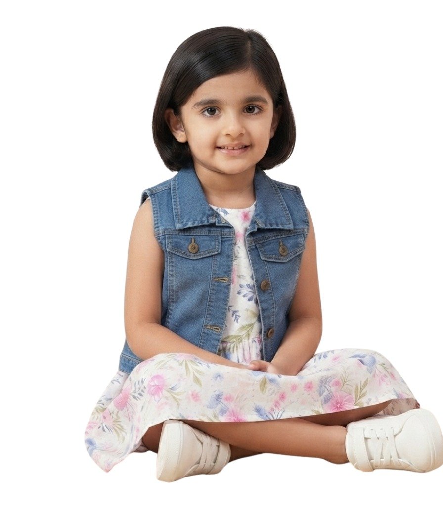 Girls White Floral Sleeveless Dress with Blue Denim Collared Vest - Image 5