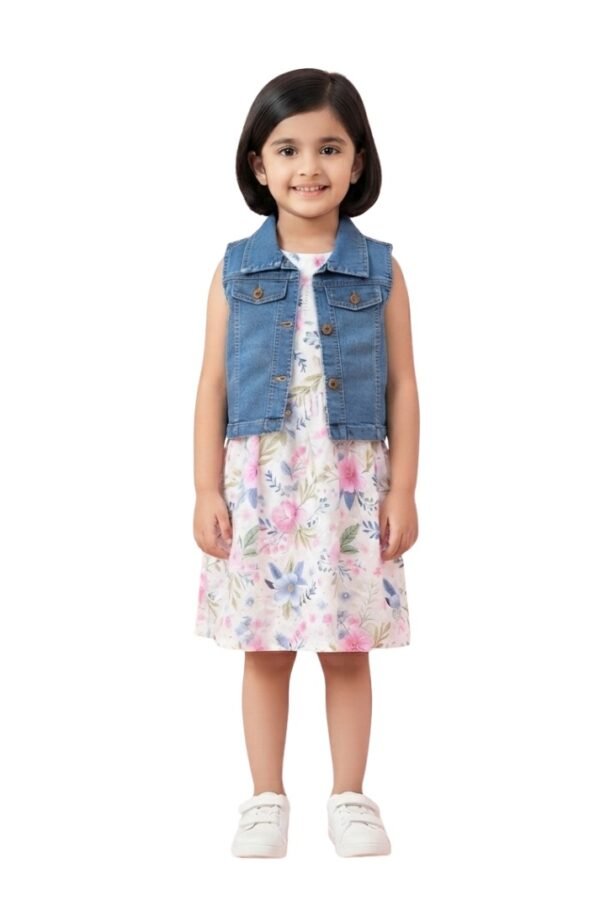 Girls White Floral Sleeveless Dress with Blue Denim Collared Vest
