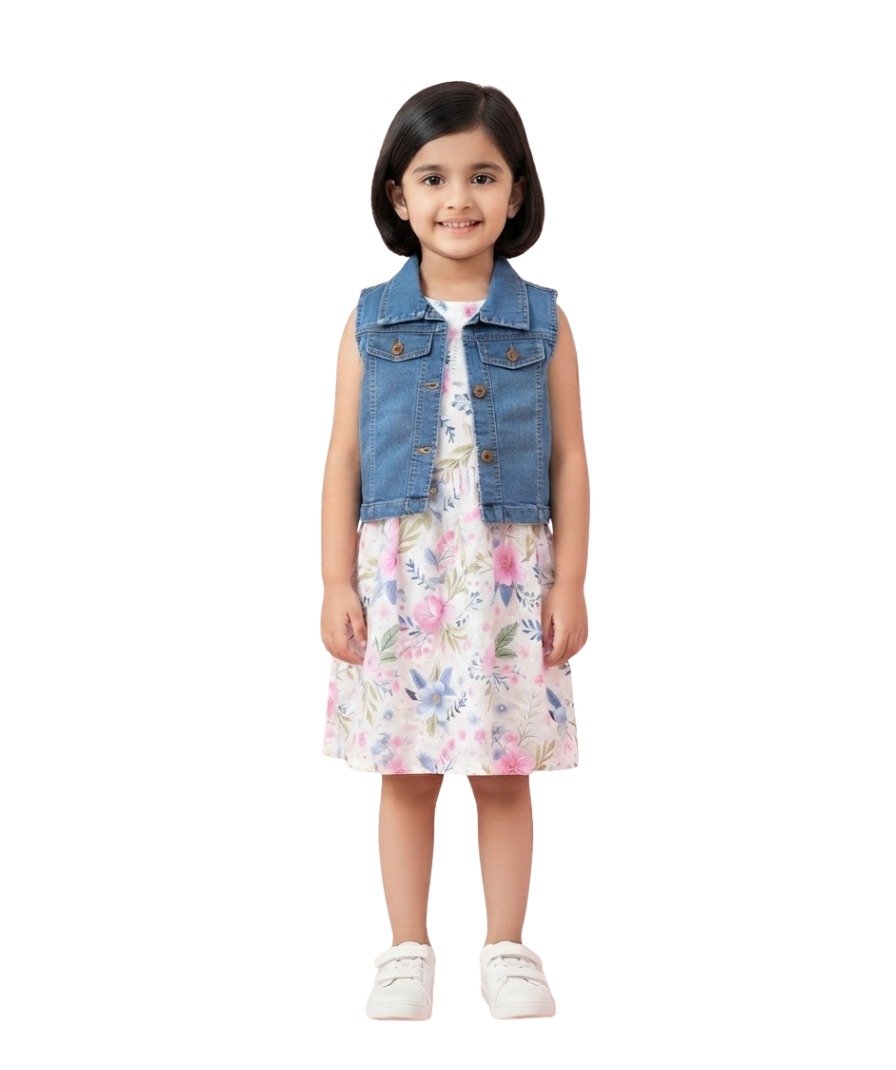 Girls White Floral Sleeveless Dress with Blue Denim Collared Vest