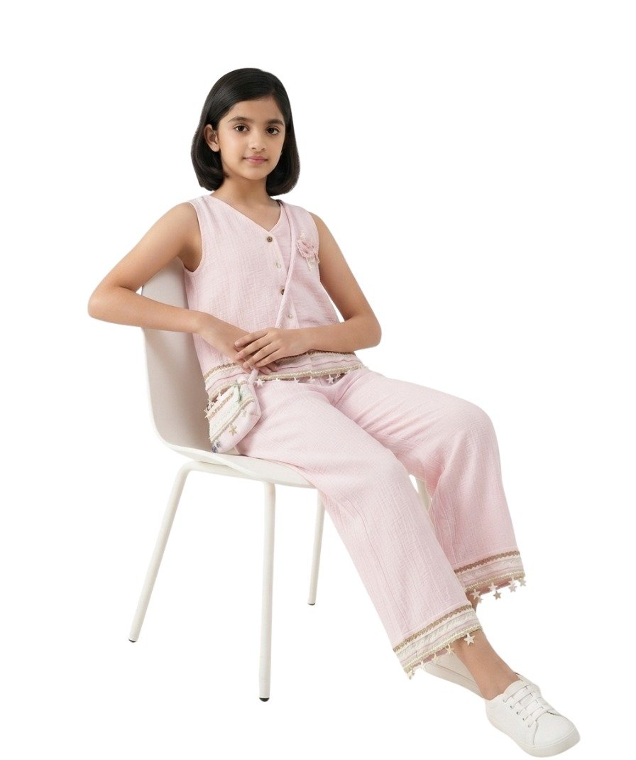 Girls Light Pink Solid Co-Ord Set - Image 4