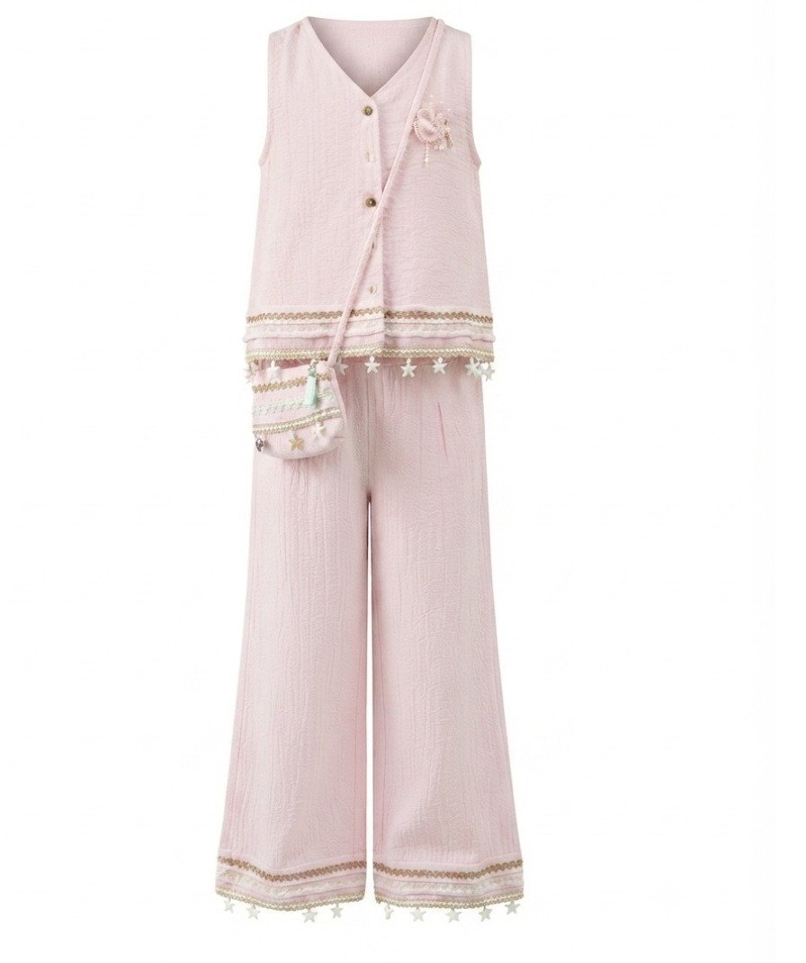 Girls Light Pink Solid Co-Ord Set - Image 2