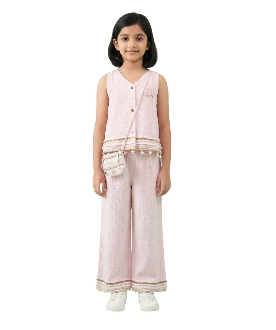 Girls Light Pink Solid Co-Ord Set