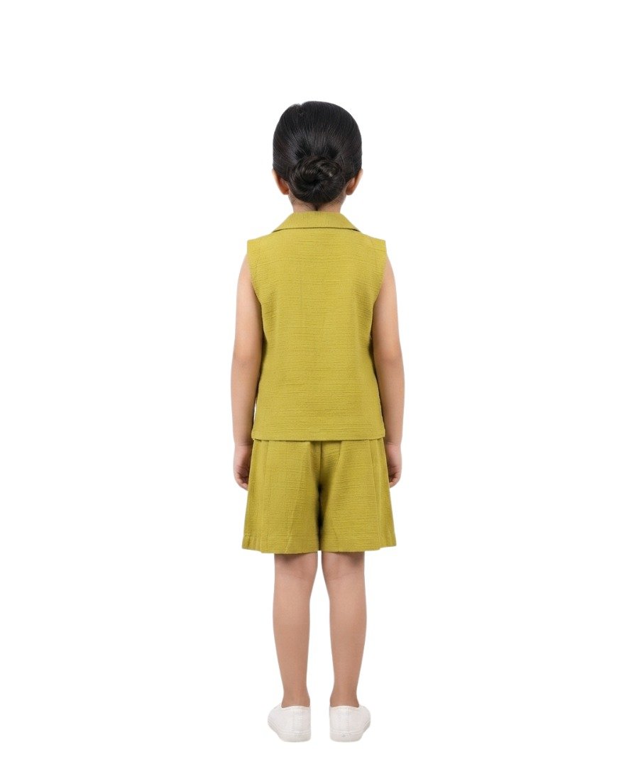 Girls Olive Green & Off-White Solid 3-Piece Co-Ord - Image 5