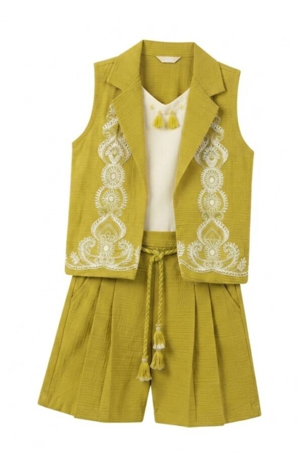 Girls Olive Green & Off-White Solid 3-Piece Co-Ord