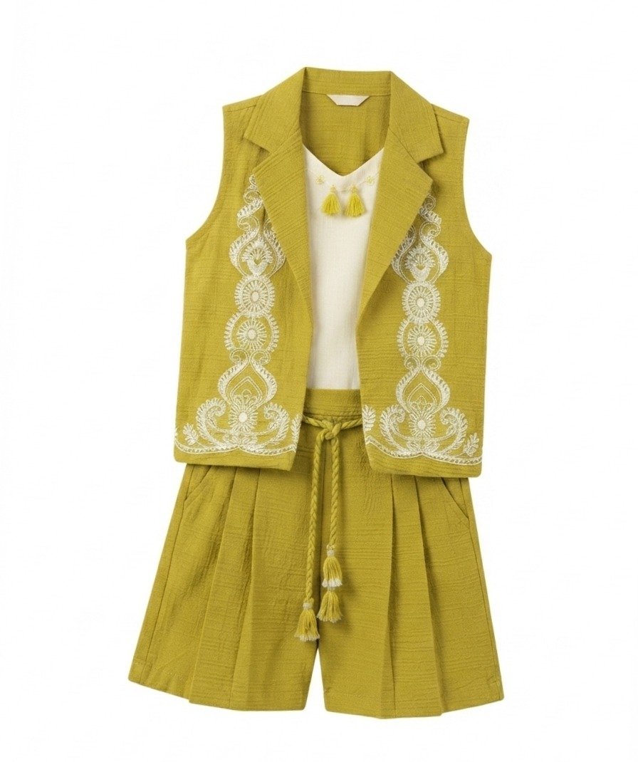 Girls Olive Green & Off-White Solid 3-Piece Co-Ord - Image 2